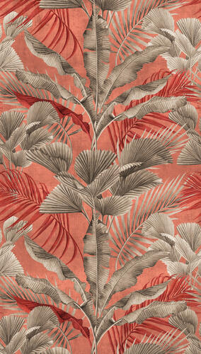 Vliesová napájateľná štrukturovaná tapeta, Červené a hnedé palmové listy v tehlovom